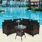 5-Piece Black PE Rattan Outdoor Sectional Sofa Set with Cushions & Round Tempered Glass Coffee Table
